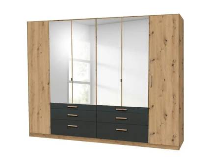 Dulap cu 6 usi cu balamale si 3 sertare MOSBACH 271x210x54cm stejar Artisan/ gri metalic - oglinda