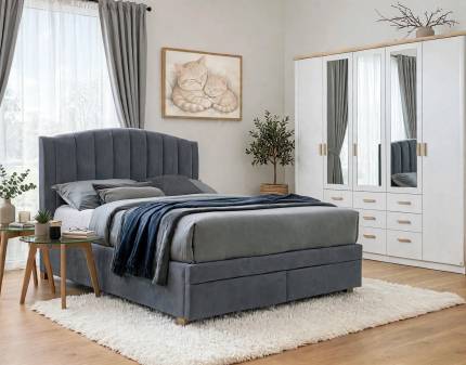 Set dormitor KOLDING, OSLO S2, EMOTION VELVET pat gri (160x200cm), Kolding dulap 232x214x57cm alb alpin/ oglinda, Oslos S2 set 2 masute stcla/ stejar 