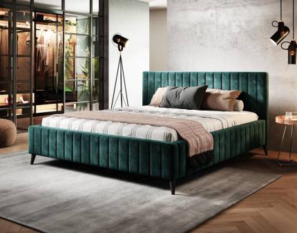 Pat tapitat cu somiera lemn MAGGIE (160x200cm) catifea cream, picioare negre