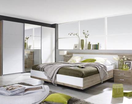 Set dormitor GANDRA Cadru pat cu 2 noptiere incorporate (180x200cm), dulap 271x210x62cm stejar sanremo/ alb alpin - oglinda