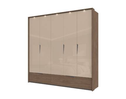 Dulap cu 5 usi cu balamale si 2 sertare LEFT 232x226x60cm Mokka HG lucios + Linkoln Walnut, manere incorporate antracit, cu rama passepartout cu LED 