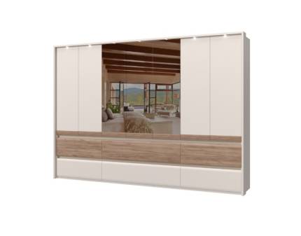 Dulap cu 7 usi cu balamale si 6 serare INVICTUS 322x226x60cm casmir/ stejar tabac - oglinda, rama passepartout cu LED