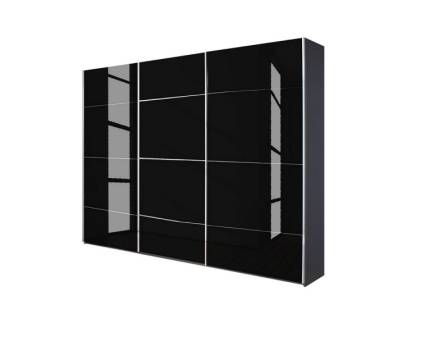Dulap cu usi glisante KULMBACH 271x210x62cm gri metalic/ 3 usi sticla neagra configurabil