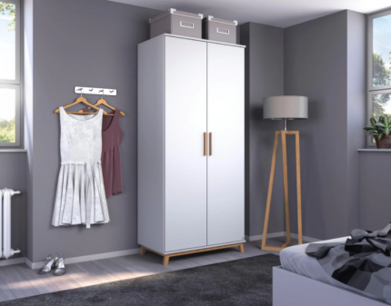 Dulap cu 2 usi cu balamale CARLSSON 92x203x53cm alb alpin, manere stejar 