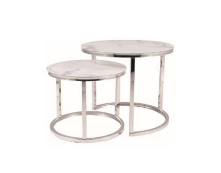 Set 2 masute ATLANTA B II din sticla cu efect de marmura alba, metal crom 53xH45cm / 43xH35cm