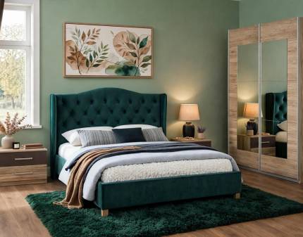 Set dormitor ALEGRO, BARCELONA, ASPEN VELVET pat tapitat (140x200cm) catifea verde, Alegro dulap 181x210x62cm stejar sanremo/ oglinda, Barcelona set 2 noptiere stejar sanremo/ lava