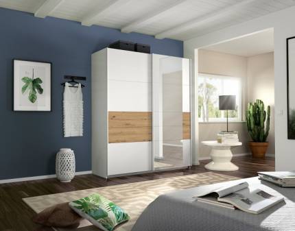 Dulap cu usi glisante BOSTON EXTRA 181x210x62cm alb alpin/ stejar Artisan - oglinda, maner aluminiu