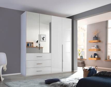 Dulap cu 4 usi cu balamale si 3 sertare MONTCLAR 201x223x60cm alb alpin/ alb lucios - oglinda