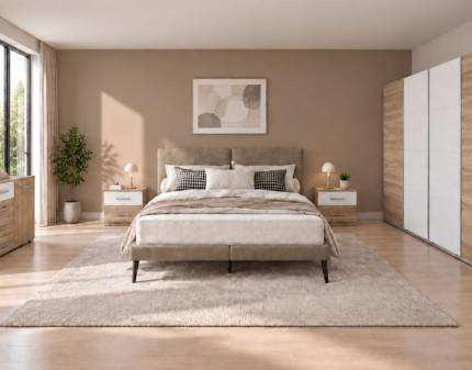 Set dormitor SYNCRONO, BARCELONA, SELENE pat tapitat cu somiera cappuccino (180x200cm), Syncrono dulap 316x230x62cm stejar/ 2 usi sticla alba, Barcelona set 2 noptiere si comoda 140x81x42cm sanremo/ alb alpin