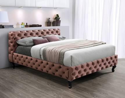 Pat tapitat cu somiera HERRERA VELVET (160x200cm) catifea somon pink design chesterfield, picioare negre
