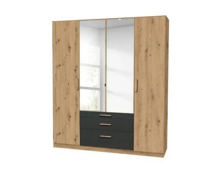 Dulap cu 4 usi cu balamale si 3 sertare MOSBACH 181x210x54cm stejar Artisan/ gri metalic - oglinda