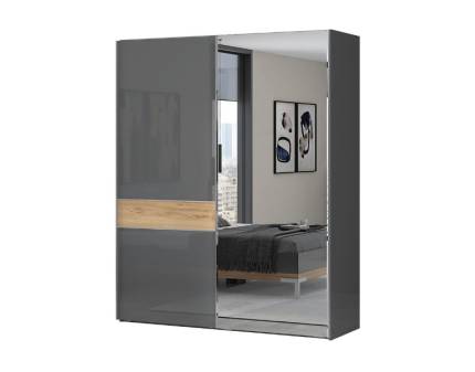 Dulap cu usi glisante ONYX 182x224x61cm antracit lucios/ nuc Pacific - oglinda, maner crom