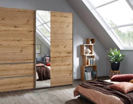 Dulap cu usi glisante si sertare SEVILLA 218x210x59cm stejar artisan/ oglinda, maner aluminiu