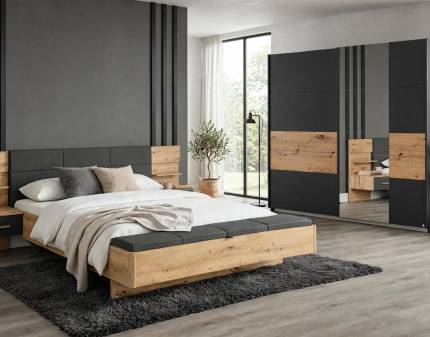 Set dormitor BOSTON EXTRA, MOSBACH cadru pat (180x200cm) cu 2 noptiere incorporate si banca de depozitare ecopiele gri inchis, Boston Extra dulap 226x210x62cm gri metalic/ stejar artisan - oglinda