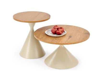 Set 2 masute PILAR din MDF furniruit travertin, otel vopsit in camp electrostatic casmir 70xH40cm 50xH55cm