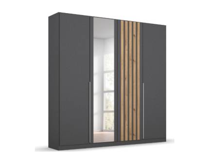 Dulap cu 4 usi cu balamale LAMELLA 181x210x54cm gri metalic/ stejar artisan - oglinda, manere aluminiu 