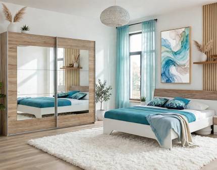 Set dormitor ALEGRO, HEINSBERG cadru pat (180x200cm) cu 2 noptiere, dulap Alegro 226x210x62cm stejar sanremo/ oglinda