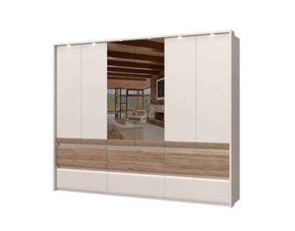 Dulap cu 6 usi cu balamale si 6 serare INVICTUS 277x226x60cm casmir/ stejar tabac - oglinda, rama passepartout cu LED