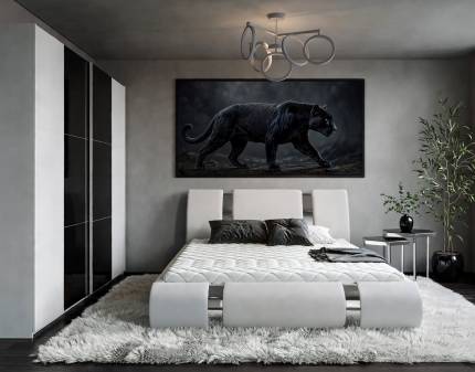 Set dormitor KRONACH COLOR II, MILOS SILVER, ATLATIS pat cu somiera si lada pt. depozitare (160x200cm) ecopiele alba, Kronach Color II dulap 261x210x59cm alb alpin/ sticla neagra, Milos Silver set 2 masute