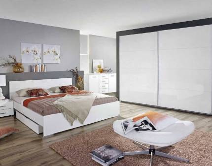 Set dormitor LORCA + STARNBERG Cadru pat cu 2 noptiere (180x200cm) si sertare pentru depozitare, dulap Starnberg 271x210x62cm, comoda 140x81x42cm alb alpin/ alb lucios 