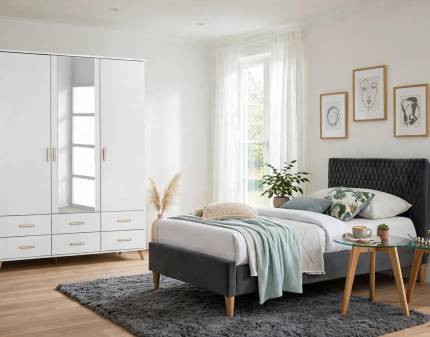 Set dormitor ANNETT, OSLO S2, AZURRO VELVET pat tapitat gri (90x200cm), dulap Annett 137x203x53cm alb alpin/ oglinda, Oslo S2 set 2 masute sticla/ stejar