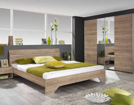 Set dormitor FELLBACH Cadru pat (180x200cm), set 2 noptiere, dulap 261x210x59cm stejar sanremo - oglinda
