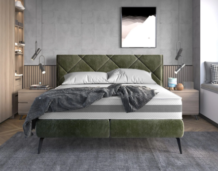 Pat tapitat cu somiera tip placa SCARLET 160 / 180cm material textil, picioare negre