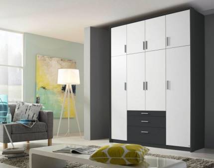 Dulap cu 8 usi cu balamale si 3 sertare HILDESHEIM EXTRA 181x229x54cm alb alpin/ gri metalic