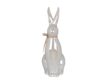 Decoratiune iepuras din portelan crem cu fundita 9x12x25cm