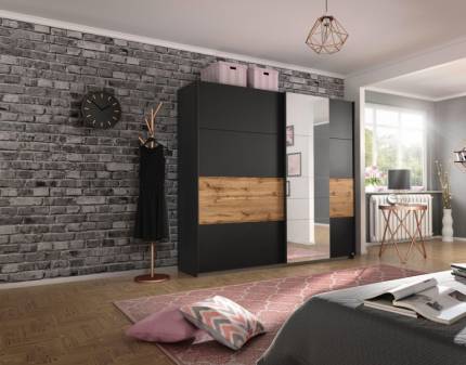 Dulap cu usi glisante BOSTON EXTRA 226x210x62cm gri metalic/ stejar - oglinda, maner gri metalic