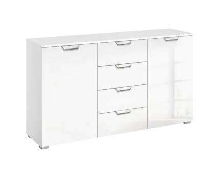 Comoda cu 2 usi si 4 sertare ADITIO 120x81x42cm alb alpin/ sticla alba 