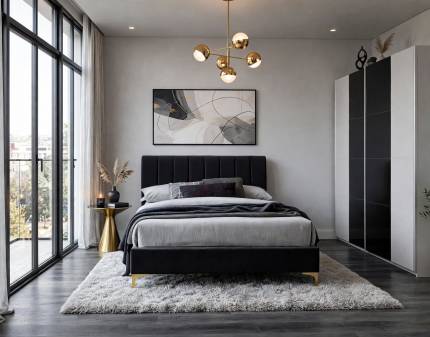 Set dormitor KRONACH COLOR II, MIRAGE VELVET pat negru (160x200cm), SETI masuta auriu/ sticla neagra 50xH53cm, dulap KRONACH COLOR II 218x210x59cm alb alpin/ sticla neagra
