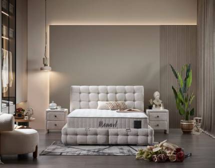 Pat tapitat cu saltea si spatiu pentru depozitare MONART (140x200cm) cream  