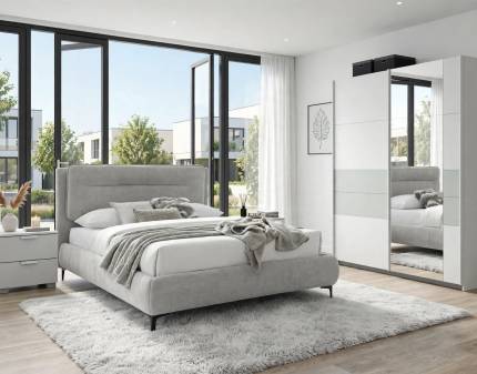 Set dormitor ADITIO, BOSTON EXTRA, NIKOZJA RAVEN pat cu somiera (160x200cm) gri, dulap cu 2 usi glisante 181x210x62cm alb alpin/ silk grey - oglinda si set 2 noptiere ADITIO silk grey