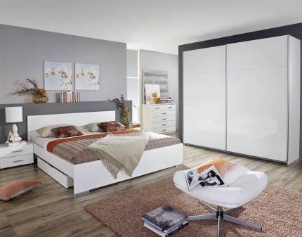 Set dormitor LORCA + STARNBERG Cadru pat cu 2 noptiere (160x200cm) si sertare pentru depozitare, dulap Starnberg 226x210x62cm, comoda 93x81x42cm alb alpin/ alb lucios
