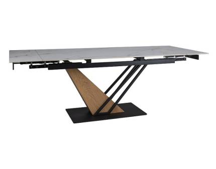Masa extensibila GENESIS WHITE din ceramica cu efect de marmura alba, MDF cu furnir lemn si metal negru 180-240x90xH75cm