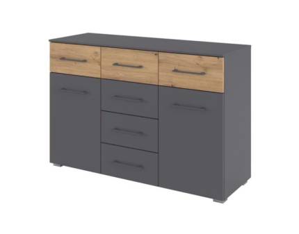 Comoda cu 2 usi si 6 sertare BOSTON EXTRA 120x81x42cm gri metalic/ stejar artisan