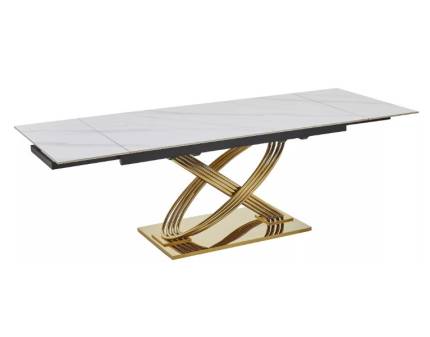 Masa extensibila HERMES CERAMIC II din ceramica cu efect de marmura alba, metal auriu 160-240x90x75cm
