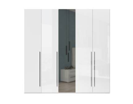 Dulap cu 5 usi cu balamale PIANO WHITE 227x224x56cm alb lucios/ oglinda, maner crom