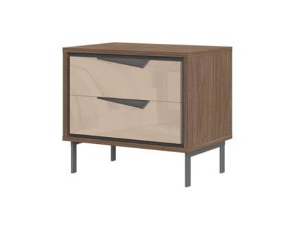 Noptiera cu 2 sertare LEFT Mokka HG lucios + Linkoln Walnut, manere incorporate antracit si picioare metalice antracit 