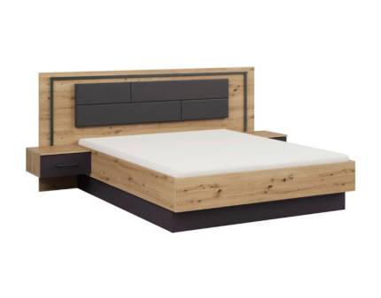 Cadru pat cu led si noptiere incorporate BILBAO (160x200cm) stejar artisan/ gri metalic - ecopiele neagra