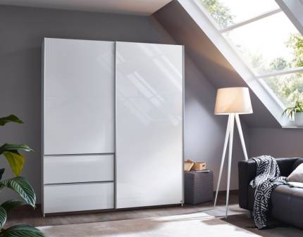 Dulap cu usi glisante si sertare SEVILLA 175x210x59cm alb alpin/ alb lucios, maner aluminiu