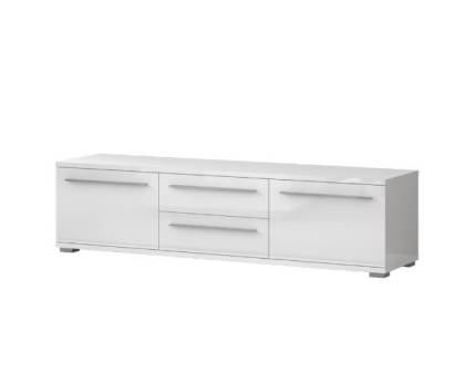 Comoda TV cu 2 usi si 2 sertare PIANO WHITE 180x46x45cm alb lucios, manere si picioare crom