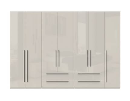 Dulap cu 7 usi cu balamale si 4 sertare PIANO BEIGE 317x224x56cm bej lucios, manere crom