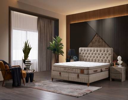 Pat tapitat cu saltea si spatiu pentru depozitare BEGONVIL (200x200cm) cappuccino 