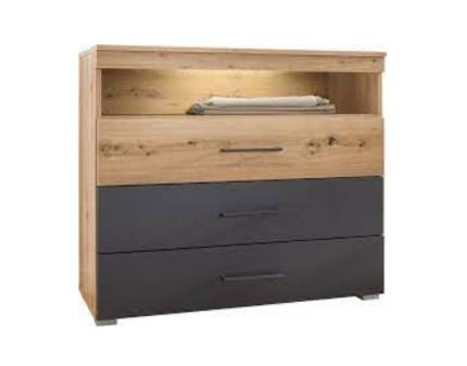 Comoda cu 3 sertare si spatiu liber cu led BILBAO 93x81x42cm stejar artisan/ gri metalic