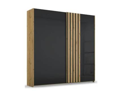 Dulap cu usi glisante MOSBACH 181x210x62cm stejar Artisan/ sticla basalt, maner stejar