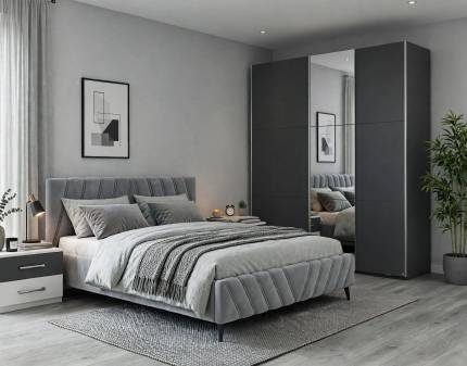 Set dormitor KRONACH I, BARCELONA, CALYPSO pat tapitat gri (140x200cm) cu somiera si saltea, dulap Kronach I 218x210x59cm gri metalic - oglinda, Barcelona set 2 nopptiere alb alpin/ gri metalic