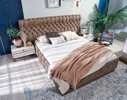 Pat cu somiera si spatiu pentru depozitare MIRAGE (160x200cm) Premium cu design chesterfield