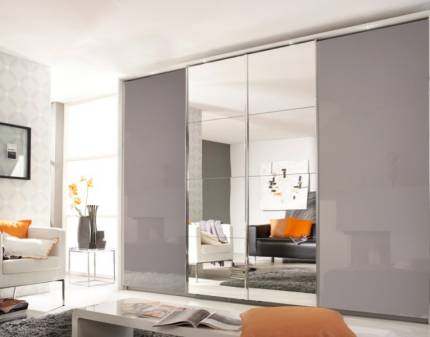 Dulap cu usi glisante SYNCRONO 316x211x62cm sticla fango/ oglinda, maner aluminiu